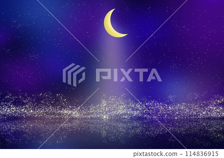 Background illustration of a night sky with the light of a crescent moon reflected on the water surface Background illustration of a night sky with the light of a crescent moon reflected on the water surface 114836915