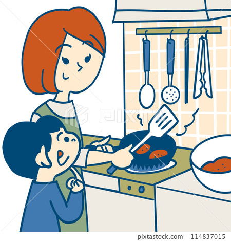 A mother cooking in front of her son in the kitchen, with her son peering in 114837015