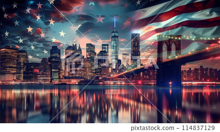Stunning night view of the New York City skyline with the Brooklyn Bridge in the foreground. Sky with American flag colors. 114837129