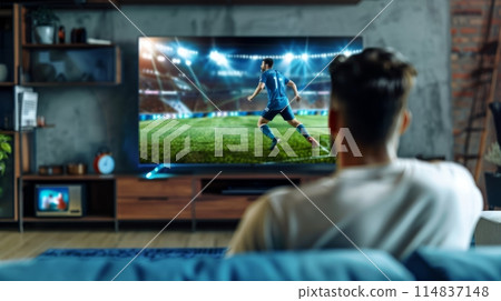 Person watching a live soccer game on a highdefinition tv in a cozy living room 114837148