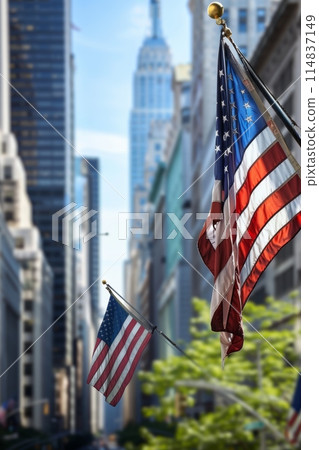 Patriotic Pride in the Metropolis. American flag waving in city street with skyscrapers. Dynamic spirit of modern nation built on foundations of liberty and independence. 114837149