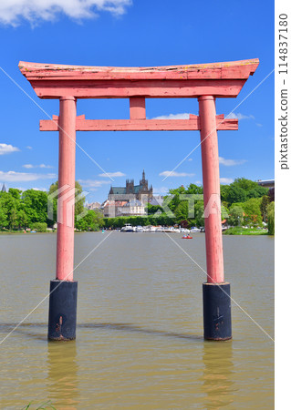 法國梅斯。池塘邊的鳥居和背景的大教堂。拍攝於 2024 年 5 月 9 日。 114837180