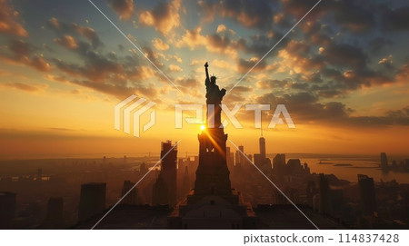 Statue of Liberty stands proudly against a dramatic sunset. Freedom in the United States. Silhouettes of urban scene Statue of Liberty stands proudly against a dramatic sunset. Freedom in the United States. Silhouettes of urban scene 114837428