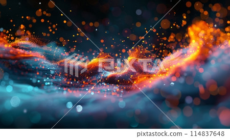 Vibrant backdrop of luminous particle waves and bokeh lights 114837648