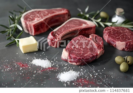 Various raw beef steaks with herbs, salt, and butter ready for cooking on a dark background Various raw beef steaks with herbs, salt, and butter ready for cooking on a dark background 114837681