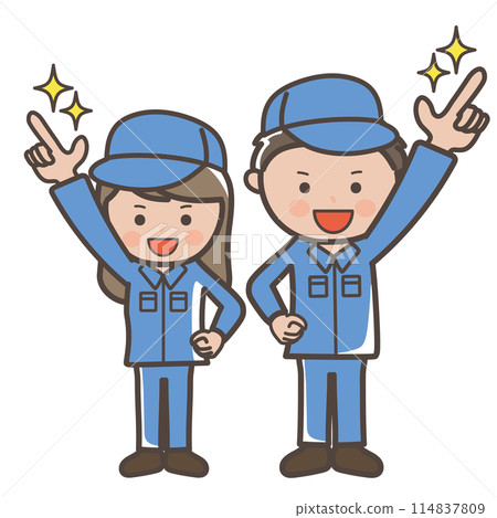 Full-body illustration of male and female workers (cleaners) pointing towards the future Full-body illustration of male and female workers (cleaners) pointing towards the future 114837809