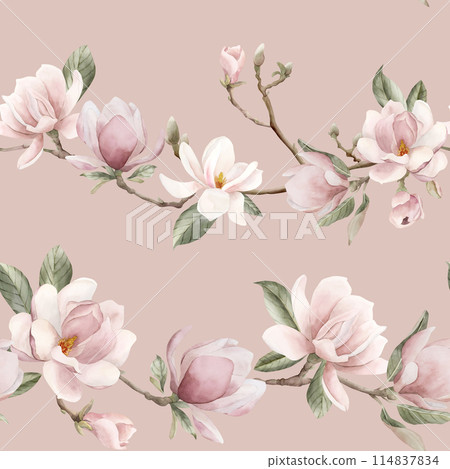 Light pink magnolia branch with buds and leaves. Watercolor floral seamless pattern on peach pink background. Spring blossom for flower fabric, cosmetic packaging, wrapping paper and home textile Light pink magnolia branch with buds and leaves. Watercolor floral seamless pattern on peach pink background. Spring blossom for flower fabric, cosmetic packaging, wrapping paper and home textile 114837834