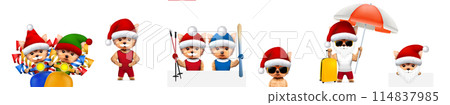 Funny Dog Santa wearing hat, beard and moustache with Elf. Christmas concept 114837985