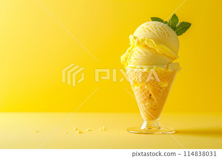 Ice cream cone with a single scoop of lemon ice cream, topped with a vibrant green leaf 114838031