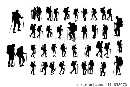 People climbing on mountain, mountain range and peak climbing in the mountains silhouette 114838070