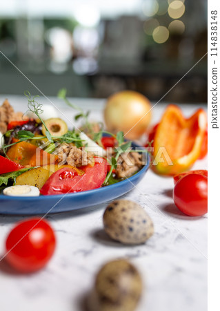 nicoise salad with tuna close-up on the table with vegetables nicoise salad with tuna close-up on the table with vegetables 114838148