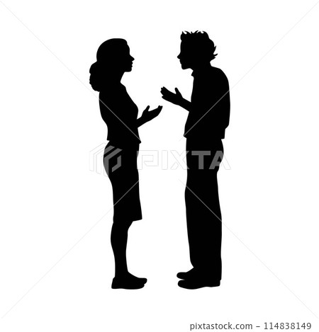 Man and woman talking each other and smiling silhouette Man and woman talking each other and smiling silhouette 114838149