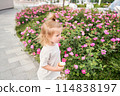 A hungry child enjoys eating ice cream outdoors. Portrait of a cute baby licking a creamy ice cream while walking in a city park, outdoor activities. 114838197