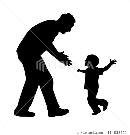 Dad playing with son, laughing father and his son having fun together silhouette Dad playing with son, laughing father and his son having fun together silhouette 114838231