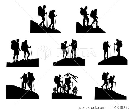 Couple climbing on mountain, man and woman climbing in the mountains silhouette, Climber couple Couple climbing on mountain, man and woman climbing in the mountains silhouette, Climber couple 114838232