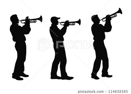 Man with trumpet. Trumpeter, Musician plays the trumpet jazz. Silhouette trumpeter 114838385