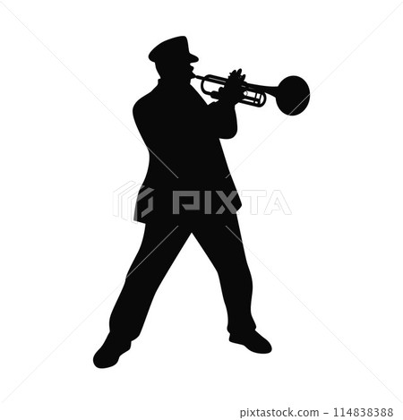 Man with trumpet. Trumpeter, Musician plays the trumpet jazz. Silhouette trumpeter 114838388