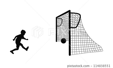 Boy playing soccer or football, young soccer player playing with ball silhouette, boy soccer player silhouette 114838551