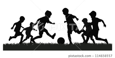 Boys playing soccer or football together, young soccer players playing with ball silhouette, boys soccer players silhouette 114838557
