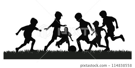 Boys playing soccer or football together, young soccer players playing with ball silhouette, boys soccer players silhouette 114838558