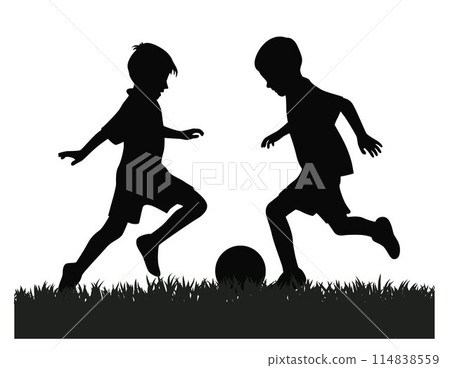 Boys playing soccer or football together, young soccer players playing with ball silhouette, boys soccer players silhouette 114838559