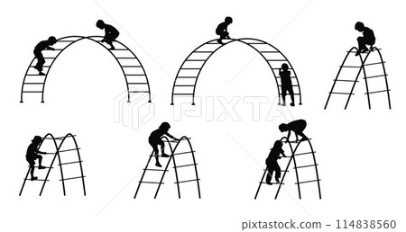 Kids play climb together, children's Playground. Children play on the Playground, child carefully crosses an arched ladder Kids play climb together, children's Playground. Children play on the Playground, child carefully crosses an arched ladder 114838560