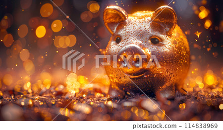 Glittering golden piggy banks lined festive background wealth, prosperity, festive savings 114838969