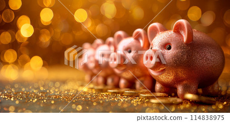Glittering golden piggy banks lined festive background wealth, prosperity, festive savings 114838975