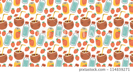 Hand drawn summer pattern with strawberry drink, water, coconut, seamless pattern for fabric, wrapping paper, cover Hand drawn summer pattern with strawberry drink, water, coconut, seamless pattern for fabric, wrapping paper, cover 114839271