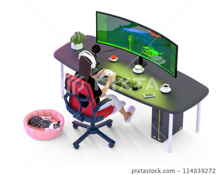 Women playing e-sports Women playing e-sports 114839272