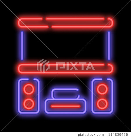 Neon glowing home theater with speakers and projector screen. Premium home cinema equipment. Glowing neon icon isolated on black background Neon glowing home theater with speakers and projector screen. Premium home cinema equipment. Glowing neon icon isolated on black background 114839456