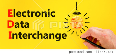 EDI electronic data interchange symbol. Concept words EDI electronic data interchange on yellow paper. Beautiful yellow background. Business and EDI electronic data interchange concept. Copy space. EDI electronic data interchange symbol. Concept words EDI electronic data interchange on yellow paper. Beautiful yellow background. Business and EDI electronic data interchange concept. Copy space. 114839584