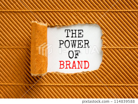 The power of brand symbol. Concept words The power of brand on beautiful white paper. Beautiful brown background. Business the power of brand concept. Copy space. 114839588