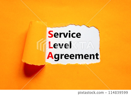 SLA service level agreement symbol. Concept words SLA service level agreement on beautiful white paper. Beautiful orange paper background. Business SLA service level agreement concept. Copy space. SLA service level agreement symbol. Concept words SLA service level agreement on beautiful white paper. Beautiful orange paper background. Business SLA service level agreement concept. Copy space. 114839599