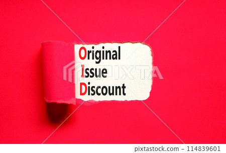 OID original issue discount symbol. Concept words OID original issue discount on beautiful white paper. Beautiful red paper background. Business OID original issue discount concept. Copy space. 114839601