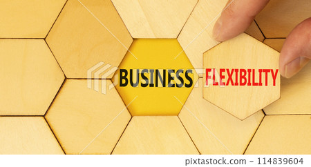 Business flexibility symbol. Concept words Business flexibility on beautiful wooden puzzles. Beautiful yellow background. Businessman hand. Business flexibility concept. Copy space. 114839604