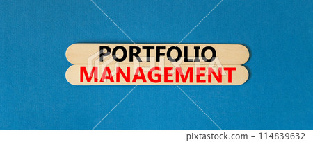 Portfolio management symbol. Concept words Portfolio management on beautiful wooden stick. Beautiful blue paper background. Business Portfolio management concept. Copy space. 114839632