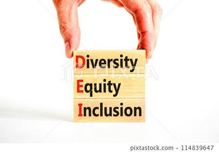 DEI diversity equity and inclusion symbol. Concept words DEI diversity equity inclusion on blocks. Beautiful white background. Business DEI diversity equity and inclusion concept. Copy space. DEI diversity equity and inclusion symbol. Concept words DEI diversity equity inclusion on blocks. Beautiful white background. Business DEI diversity equity and inclusion concept. Copy space. 114839647