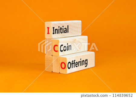ICO initial coin offering symbol. Concept words ICO initial coin offering on beautiful wooden blocks. Beautiful orange background. Business ICO initial coin offering concept. Copy space. 114839652