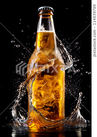 Cold beer in a bottle and water splash. Generative Ai image Cold beer in a bottle and water splash. Generative Ai image 114839789