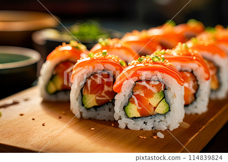 Sushi rolls with salmon, avocado and rice. Generative Ai 114839824