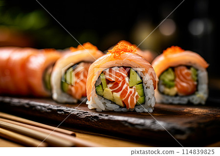 Sushi rolls with salmon, avocado and rice. Generative Ai 114839825