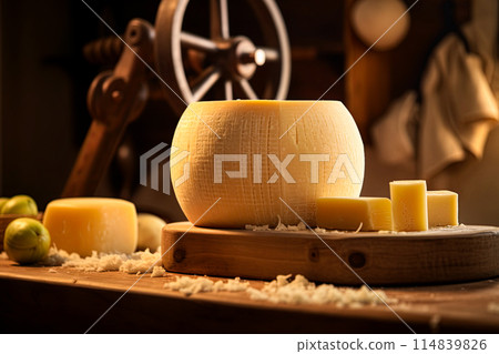 Wheel of Parmesan cheese, known as Parmigiano Reggiano italian hard cheese in the kitchen. Ai generative 114839826