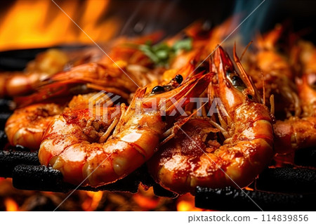 Shrimps cooked on barbecue over the hot coals and fire. Generative Ai image Shrimps cooked on barbecue over the hot coals and fire. Generative Ai image 114839856