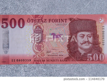 Banknote of 500 forints, the national currency of Hungary, front view. Hungarian forint. Banknote of 500 forints, the national currency of Hungary, front view. Hungarian forint. 114840170