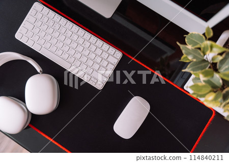 Cozy workplace with computer and wireless devices and home plant top view 114840211