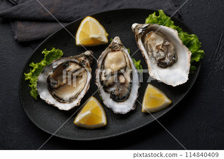Fresh oysters with lemon on plate Fresh oysters with lemon on plate 114840409