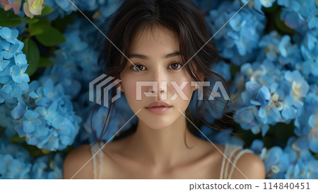 Portrait of a woman with hydrangea 114840451