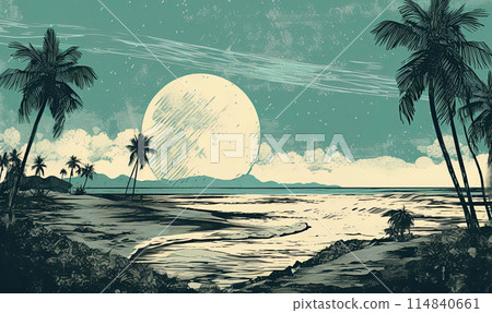 Tropical beach at sunset.Vintage poster design. Generative Ai illustration 114840661