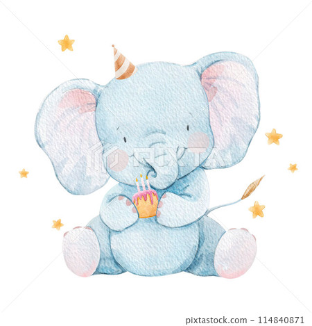 Beautiful childish watercolor hand drawn illustration with cute baby elephant. Kid's clipart print. Stock baby illustration. Beautiful childish watercolor hand drawn illustration with cute baby elephant. Kid's clipart print. Stock baby illustration. 114840871
